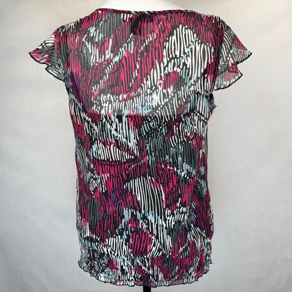 BCX Sheer Top Women Sz M Black with Fucsia White Print Over Cami Tank Ruched Hem - Picture 4 of 8
